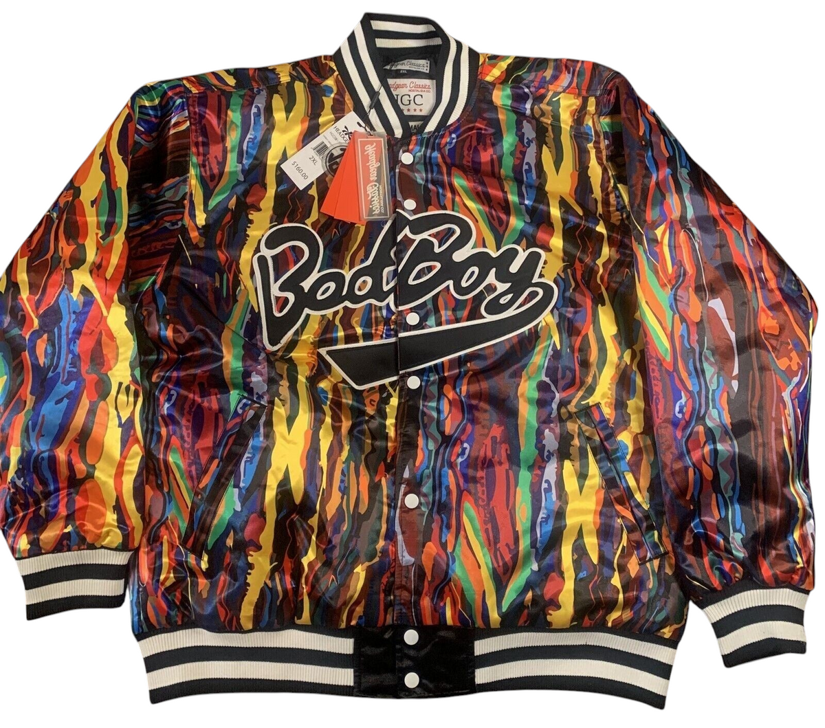 Throwback Rack Biggie Smalls Bad Boy varsity jacket with a vibrant multi-colored abstract print and snap-button front.