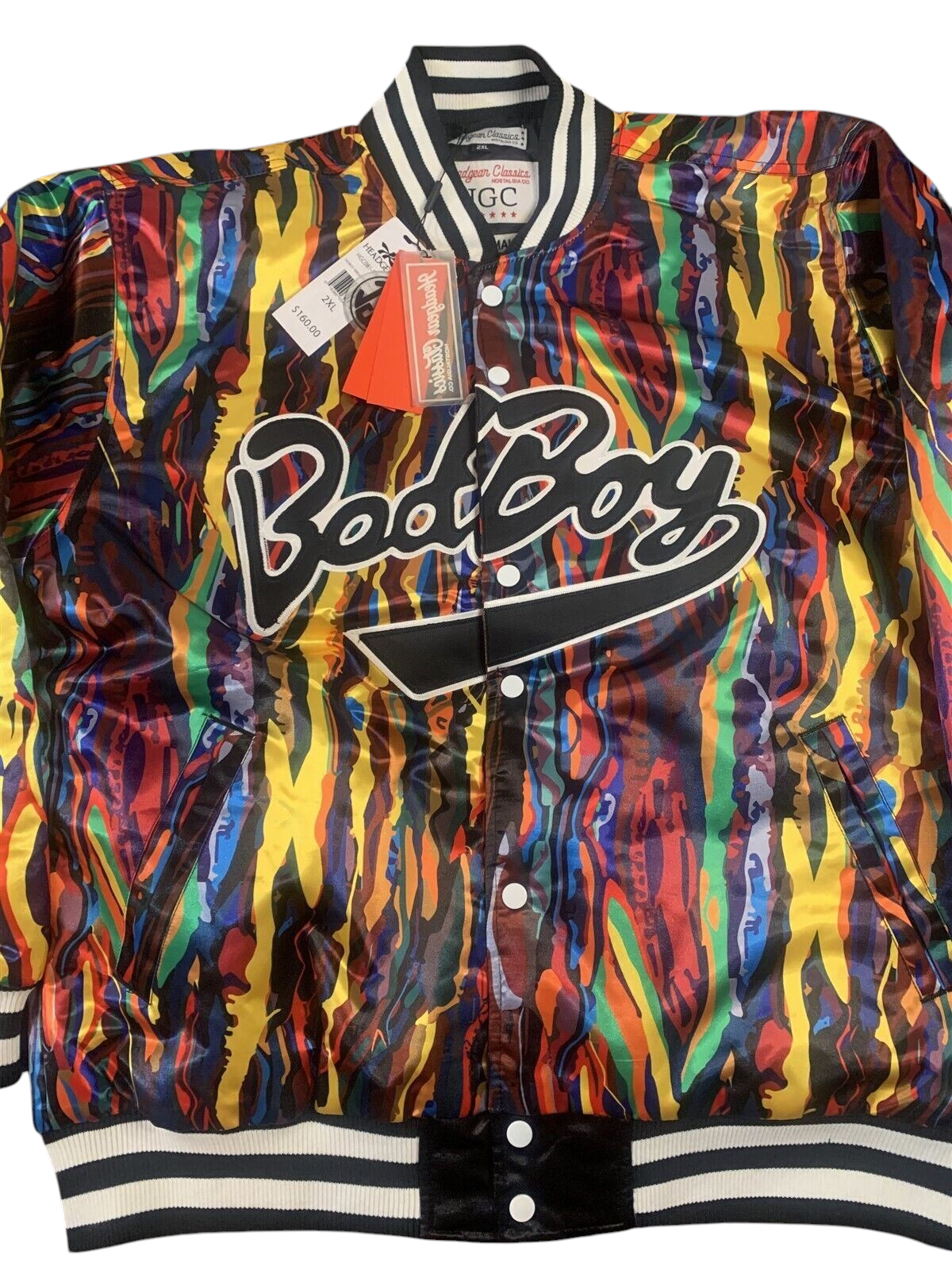 Throwback Rack Biggie Smalls Bad Boy varsity jacket with a vibrant multi-colored abstract print and snap-button front.