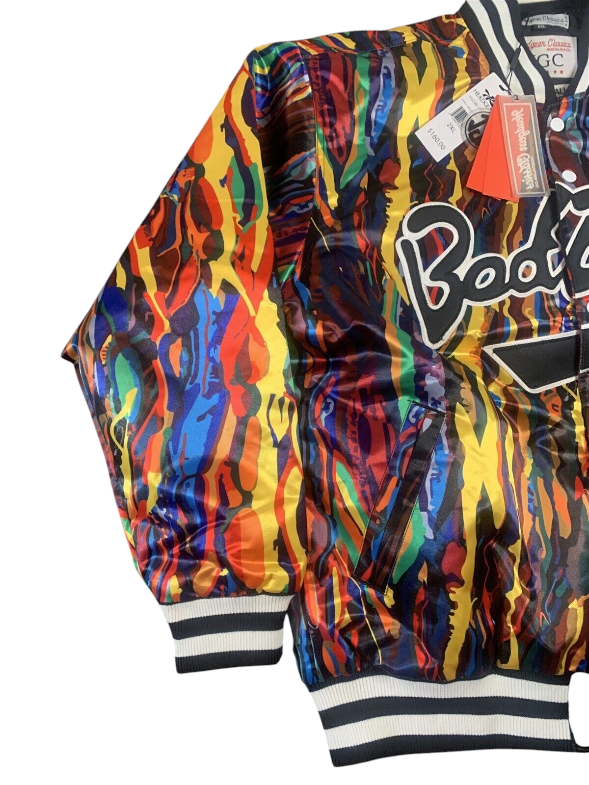 Throwback Rack Biggie Smalls Bad Boy varsity jacket featuring a vibrant multi-colored abstract print and striped trim.