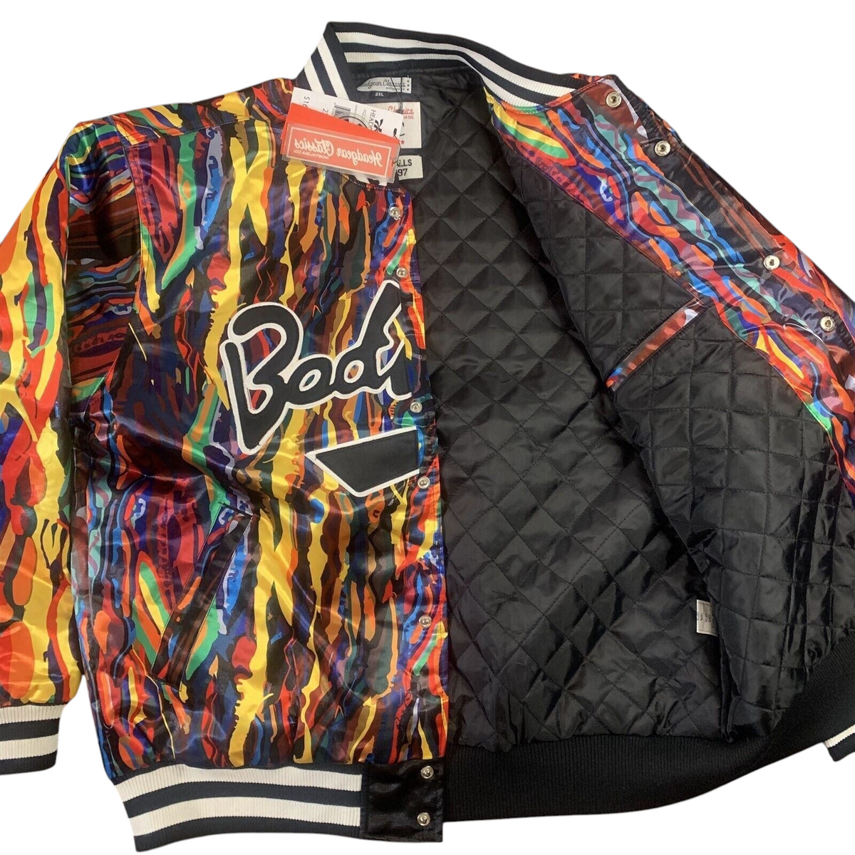 Throwback Rack Biggie Smalls Bad Boy varsity jacket with vibrant multi-colored abstract print and quilted lining.