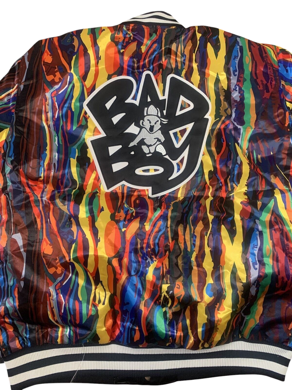 Throwback Rack Biggie Smalls Bad Boy varsity jacket featuring a vibrant multi-colored abstract print and back logo.