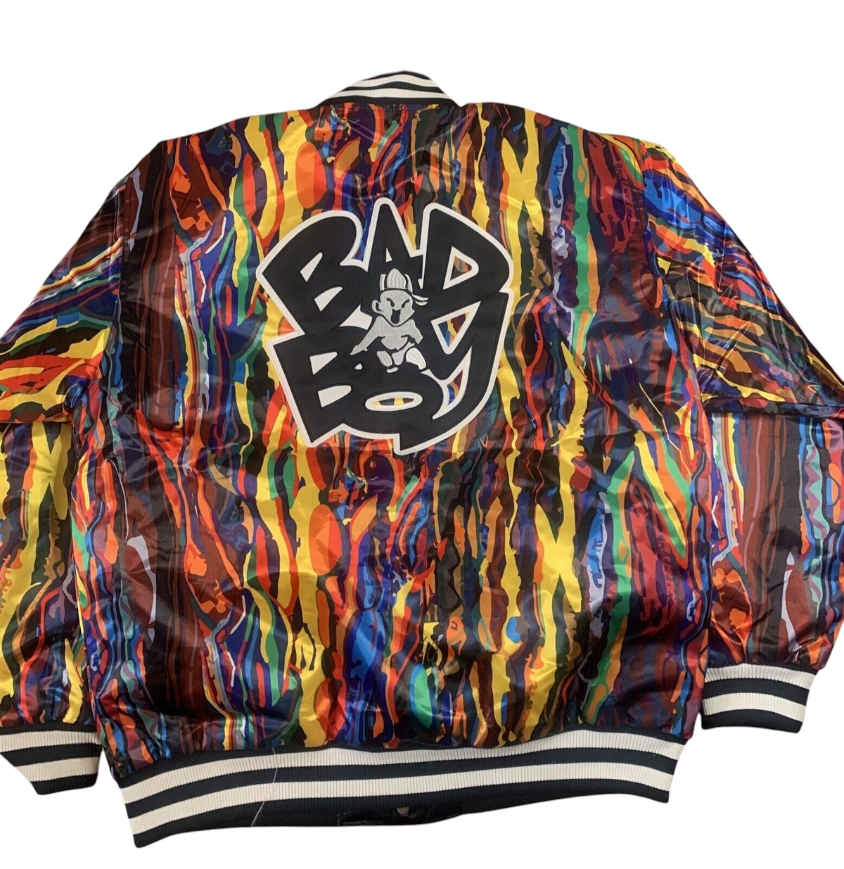 Throwback Rack Biggie Smalls Bad Boy varsity jacket with a vibrant multi-colored abstract print and back logo graphic