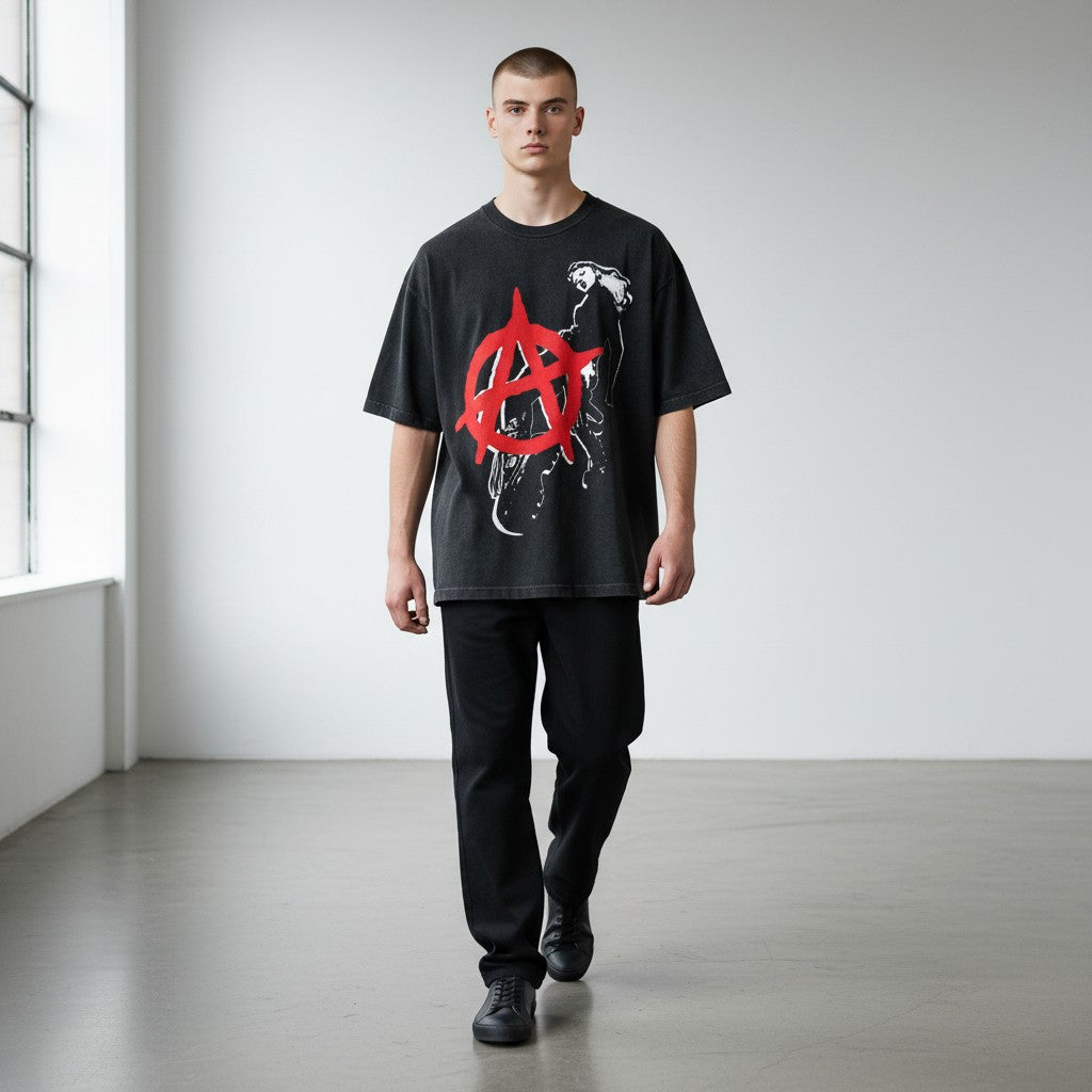 Throwback Rack heavy cotton black streetwear tee with red anarchy symbol graphic worn by a male model