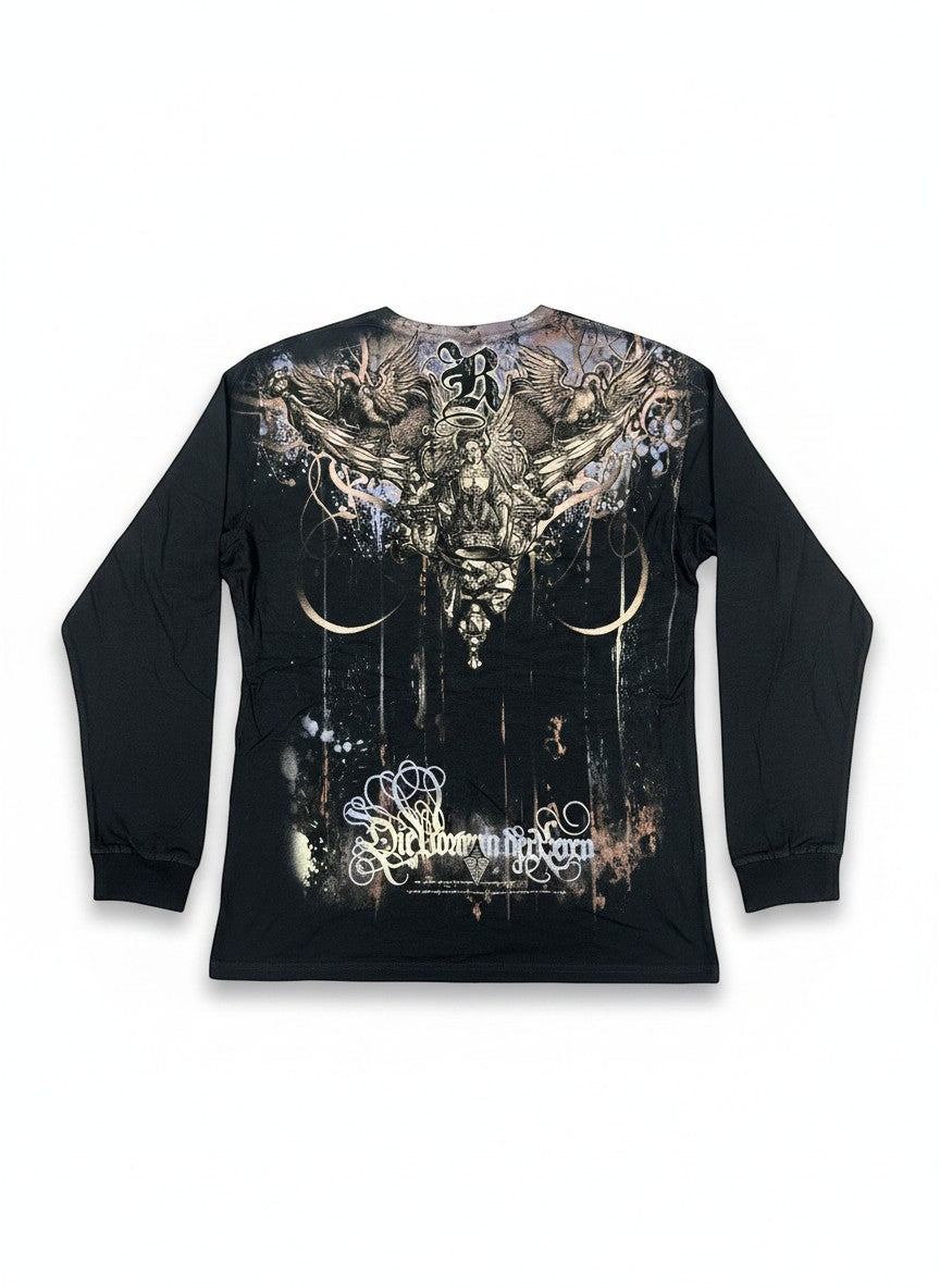 Throwback Rack black long sleeve shirt with Y2K angel graphic on back and metallic beads on front chest.