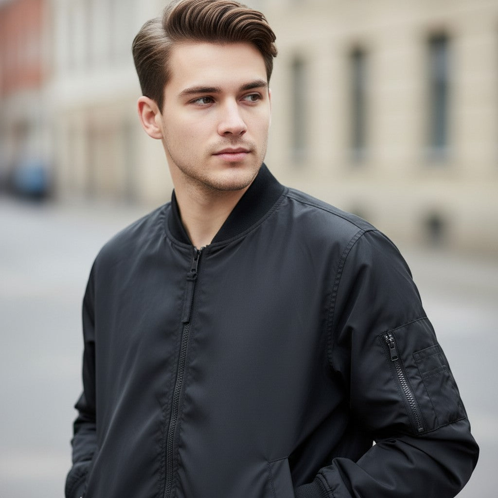 Throwback Rack black lightweight bomber jacket with zip closure and zippered sleeve pocket, worn by a blonde woman.