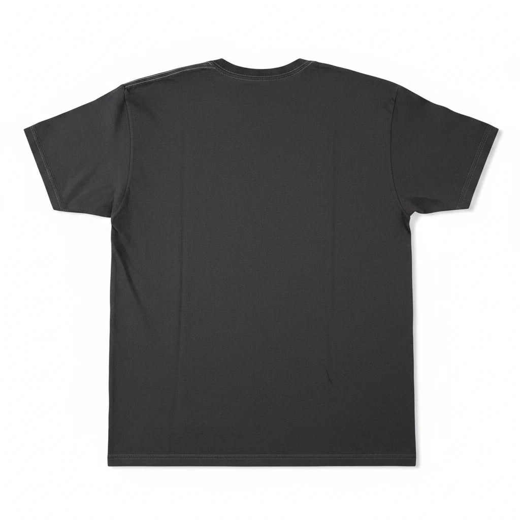 Back view of a plain charcoal black crewneck cotton t-shirt from Throwback Rack