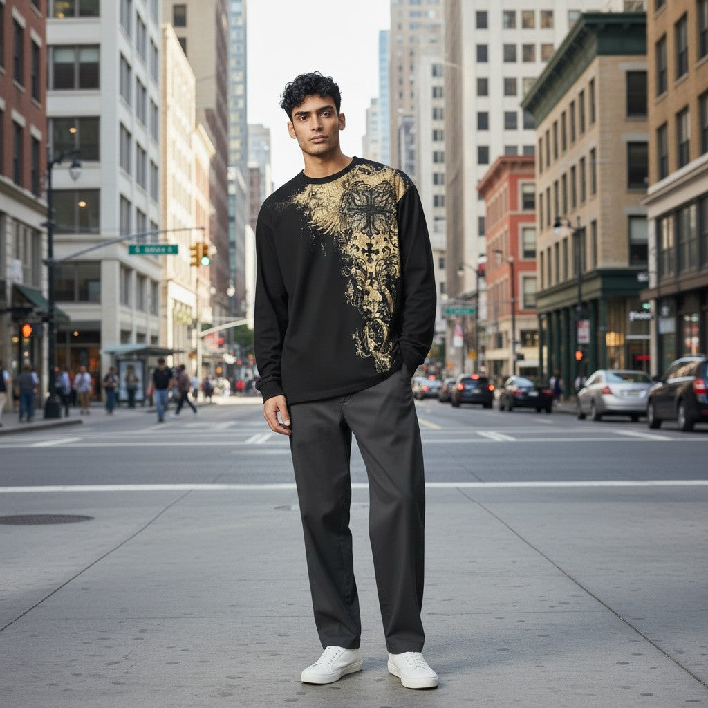 Throwback Rack black long sleeve shirt with gold cross graphic on front, worn by a male model.