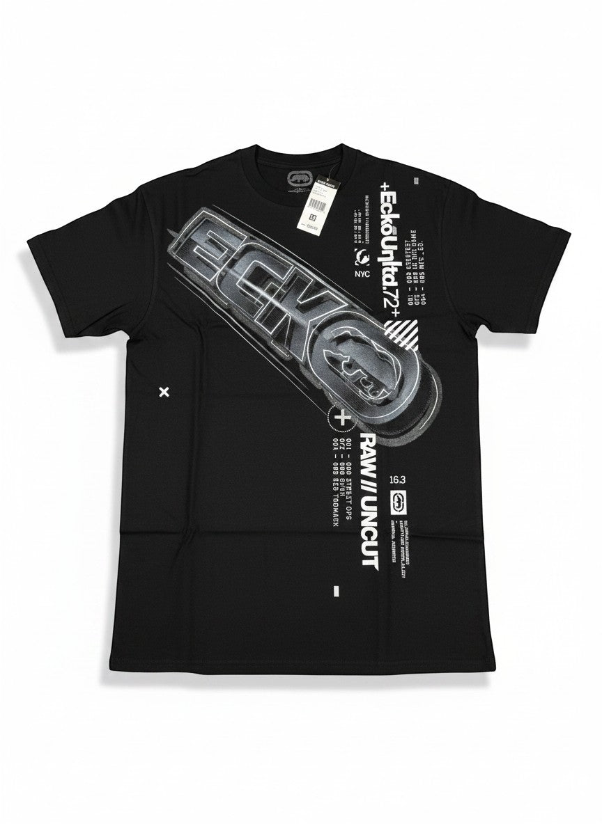 Throwback Rack Ecko UNTLD black Y2K graphic t-shirt with rhino logo and raw uncut text.