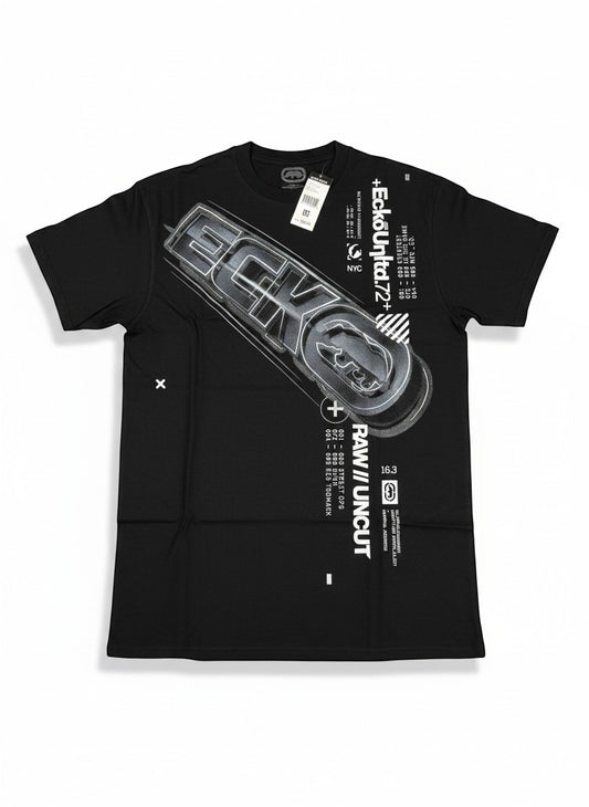 Throwback Rack Ecko UNTLD black Y2K graphic t-shirt with rhino logo and raw uncut text.