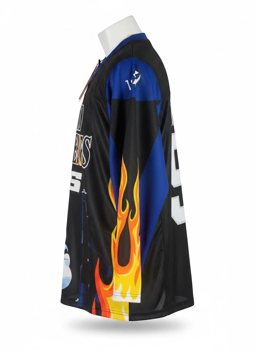 Throwback Rack black hockey jersey with flame graphics and blue accents. Features "DEAD PRESIDENTS" text.