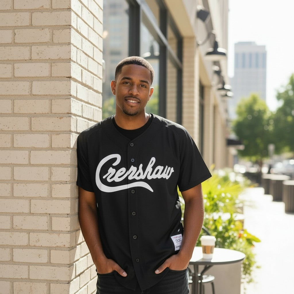 Throwback Rack black baseball jersey with white "Gershaw" lettering and "VL" logo on back. Model wears it casually.