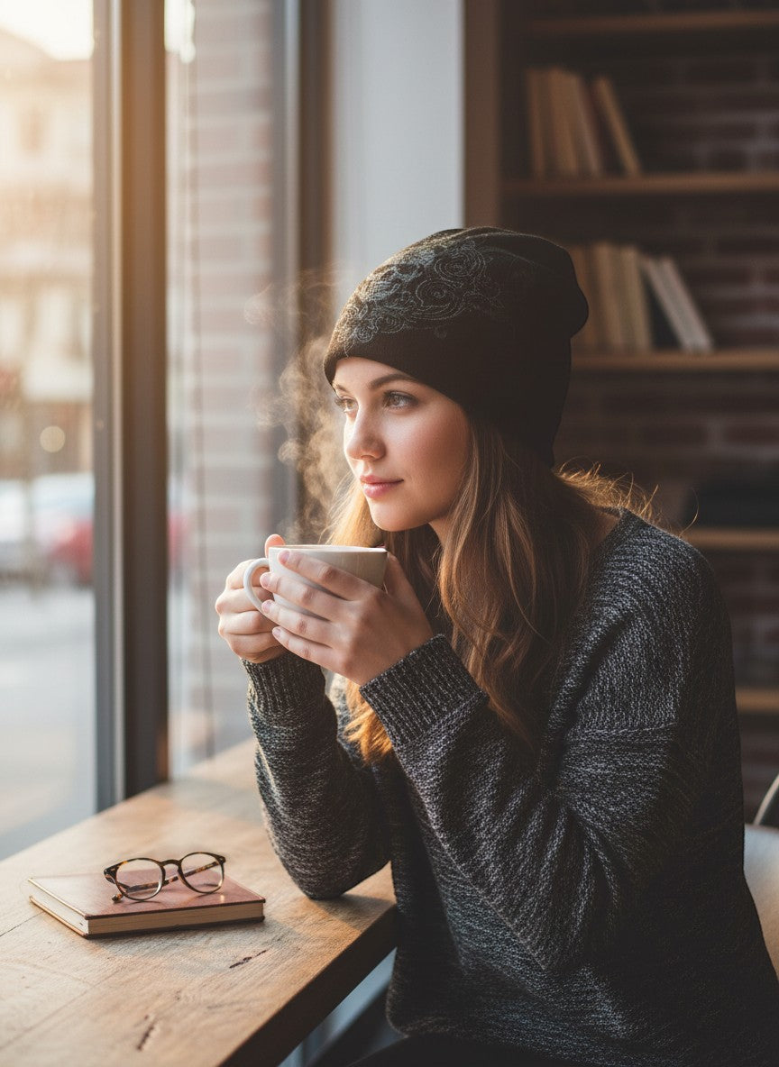 Throwback Rack black knit beanie with green skull pattern, worn by a woman holding a coffee cup.