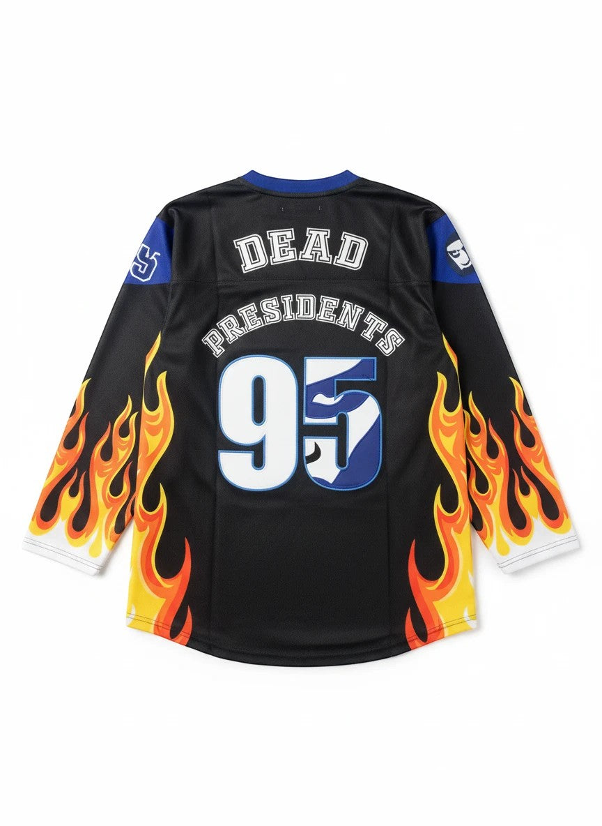 Throwback Rack black hockey jersey with "DEAD PRESIDENTS" and "95" graphic, featuring flame accents on sleeves.