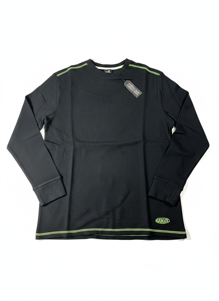 Throwback Rack black waffle-knit thermal long sleeve shirt with neon green stitching detail and Kangol logo.
