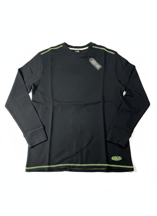 Throwback Rack black waffle-knit thermal long sleeve shirt with neon green stitching detail and Kangol logo.