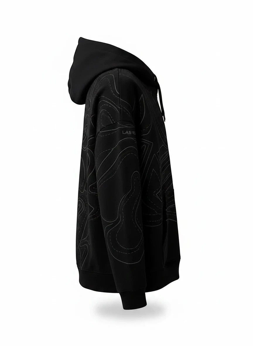Throwback Rack black Nascar hoodie with abstract contour line pattern and embroidered logo detail.