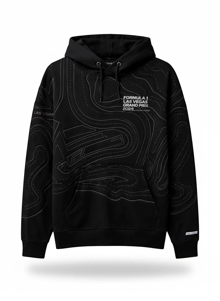 Throwback Rack black Formula 1 Las Vegas Grand Prix 2024 hoodie with contour map design.