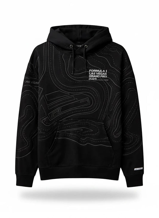 Throwback Rack black Formula 1 Las Vegas Grand Prix 2024 hoodie with contour map design.