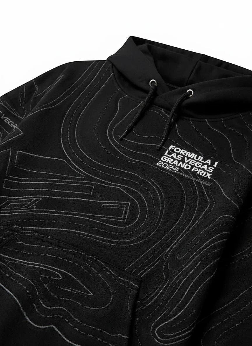 Throwback Rack black hoodie with Formula 1 Las Vegas Grand Prix 2024 map graphic and contour lines.