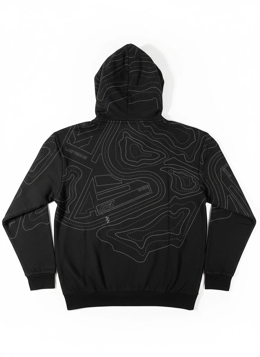 Throwback Rack black hoodie with Las Vegas map graphic and contour lines. Long sleeves, hood.
