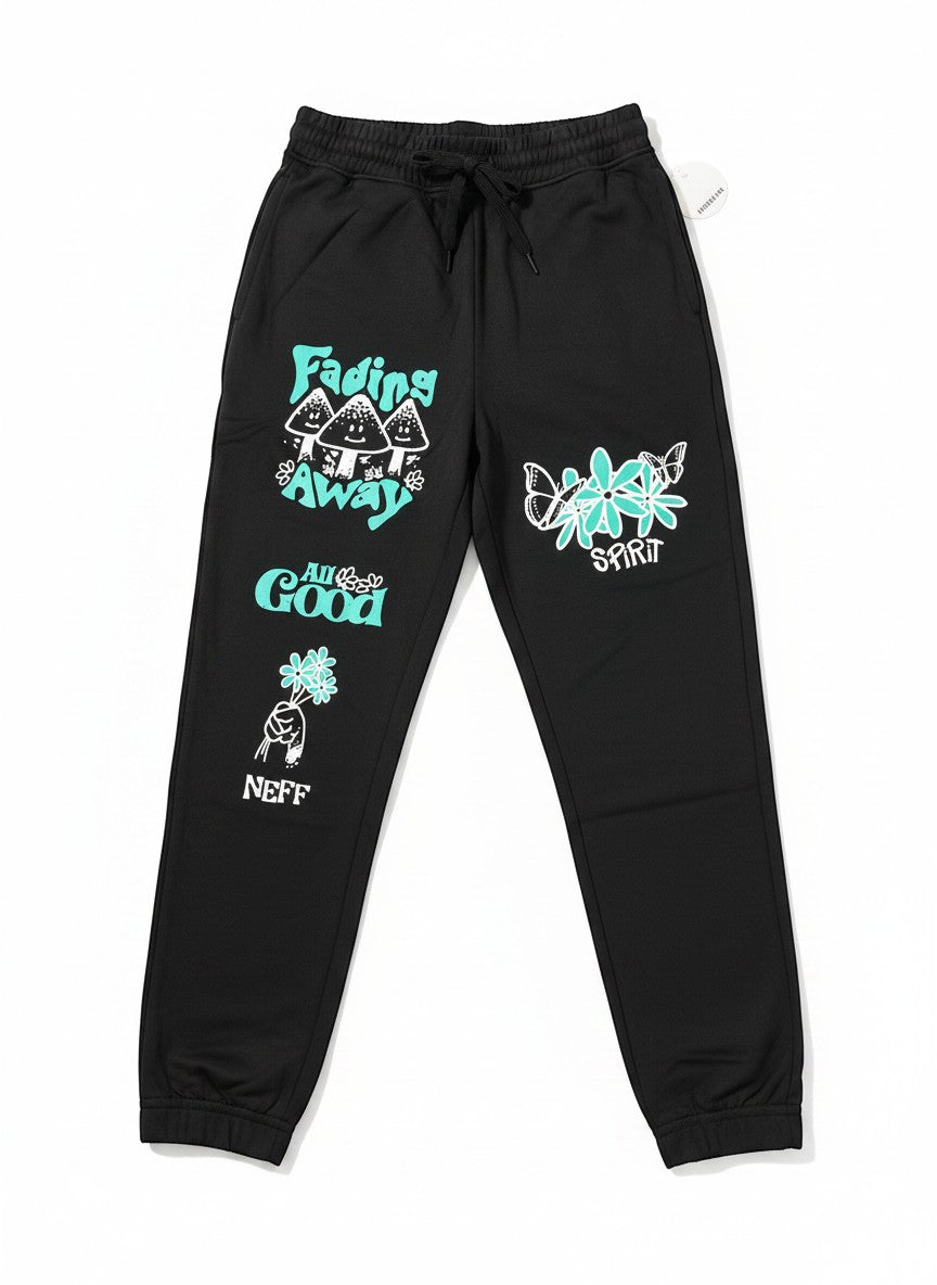 Throwback Rack black Neff sweatpants with graphic print of mushrooms, flowers, butterflies, and text "Fading Away All Good Spirit".