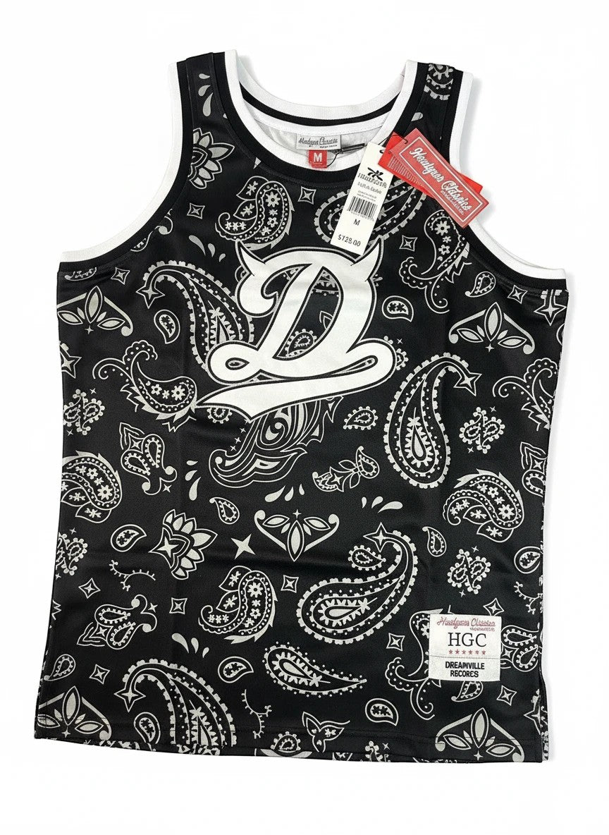 Throwback Rack black polyester basketball jersey with white paisley print and a large white 'D' logo. Size M.