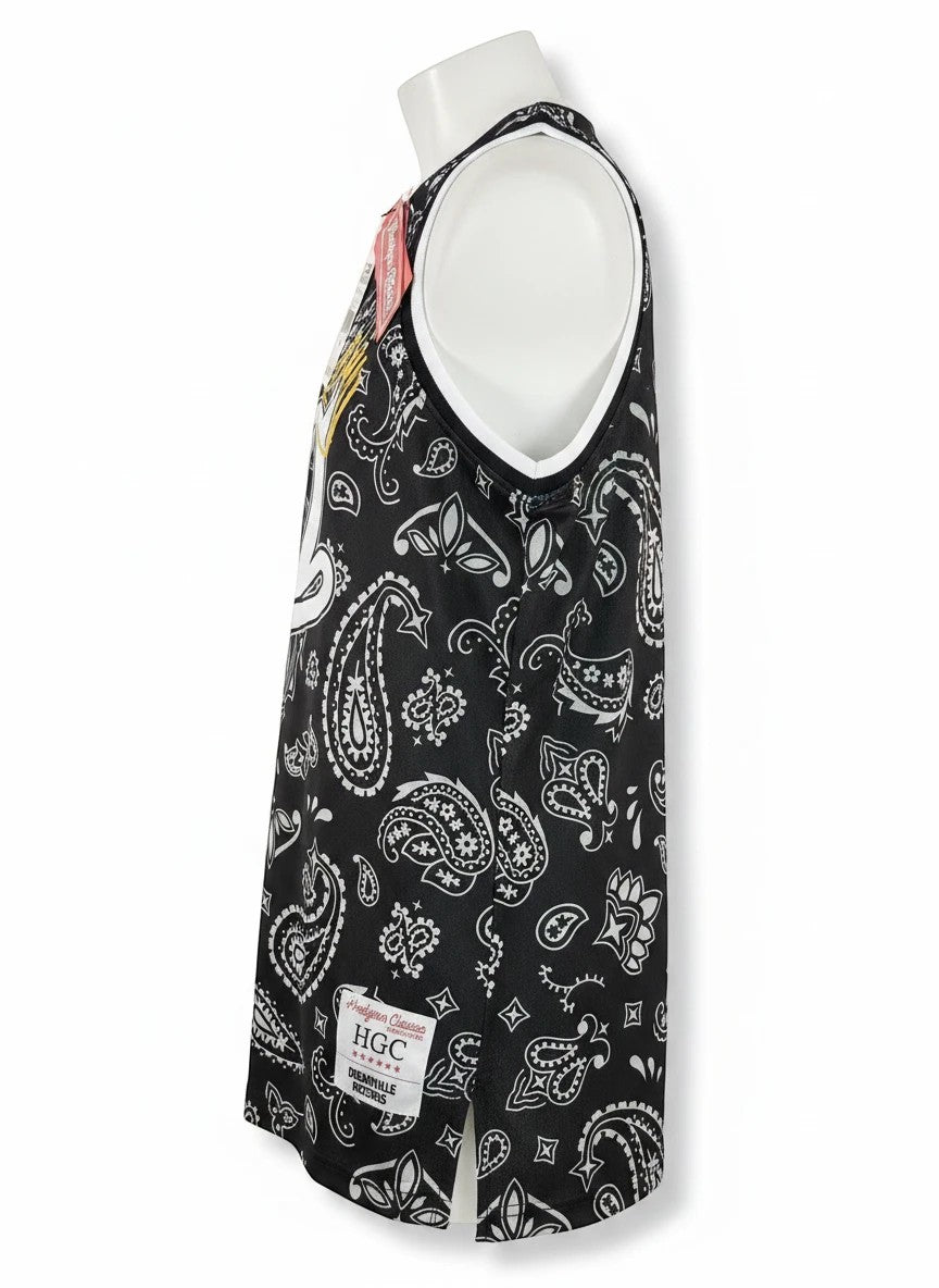 Throwback Rack black polyester basketball jersey with white paisley print, size M. Features a classic basketball cut and is never worn.