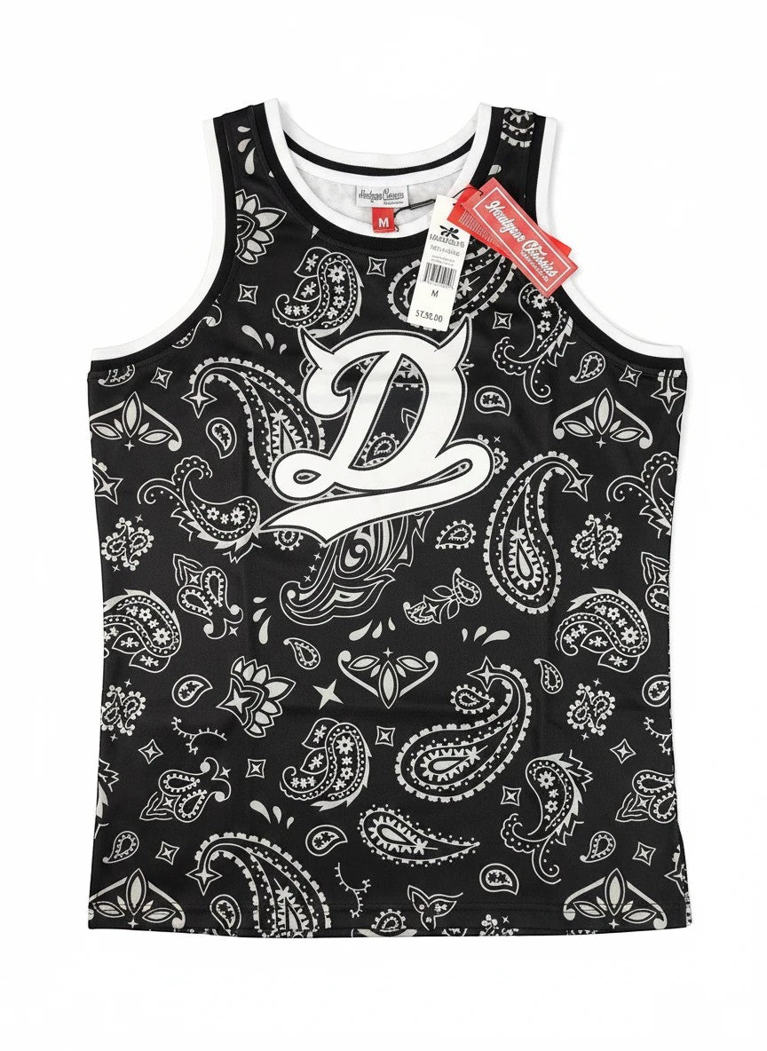 Throwback Rack black and white paisley print basketball jersey with a large white 'D' graphic. Size M.