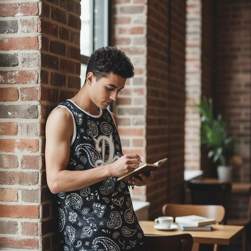 Throwback Rack black paisley print basketball jersey with white trim, size M.