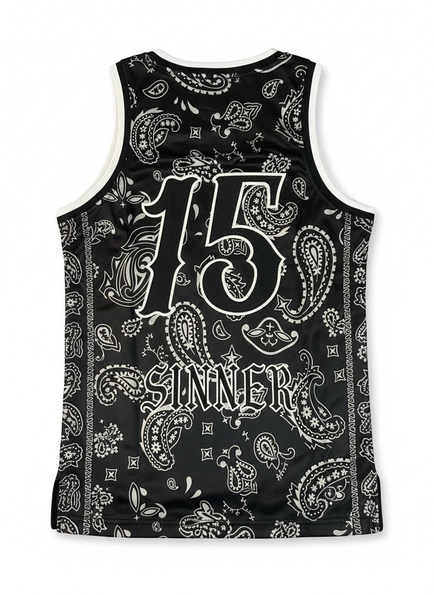 Throwback Rack black basketball jersey with white paisley print, "15" on back, and "SINNER" graphic. Size M.