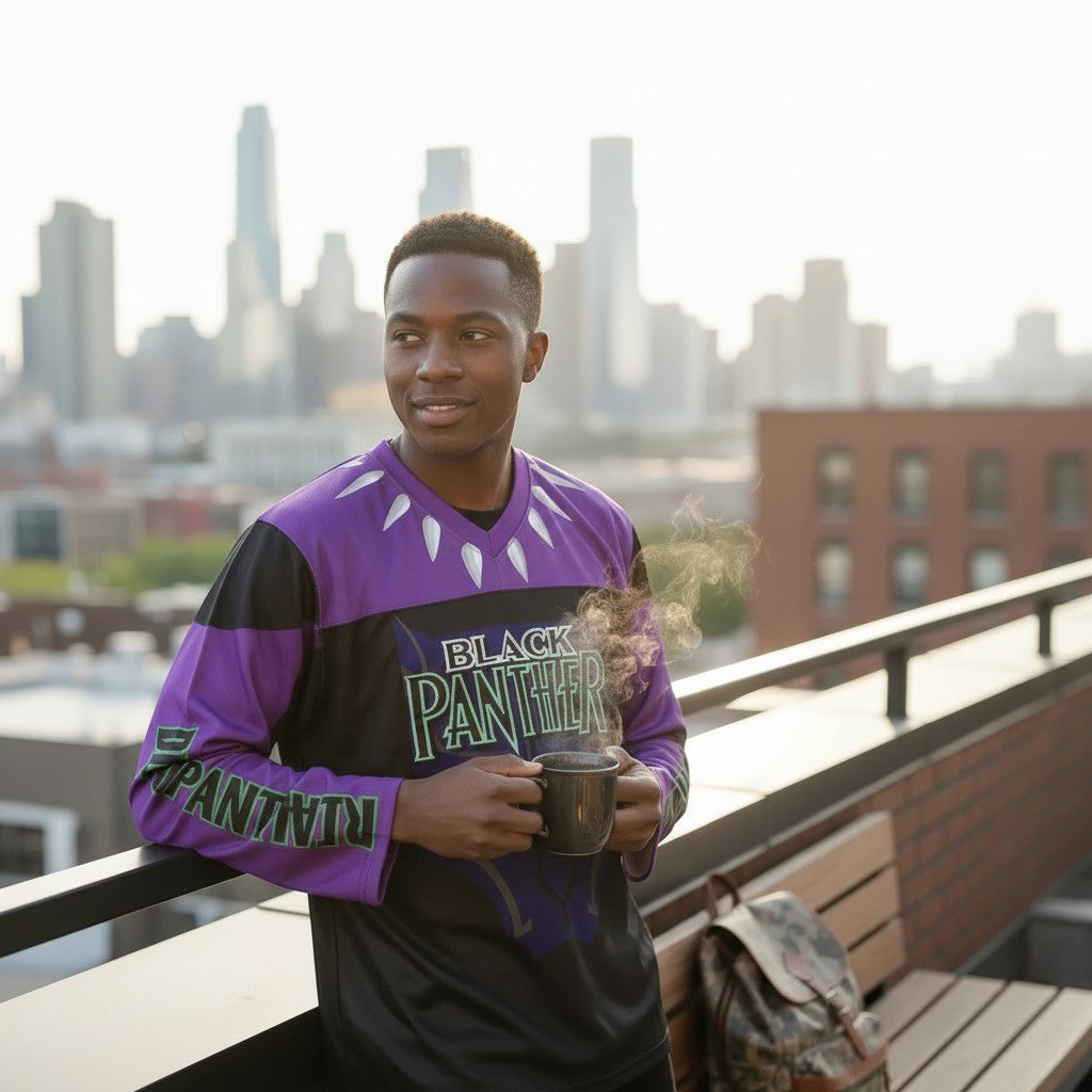Throwback Rack Black Panther hockey jersey, purple and black with green lettering, size XL, on a man holding a mug.
