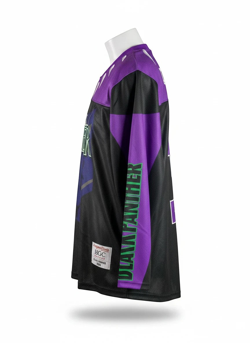 Throwback Rack Black Panther Wakanda Forever hockey jersey in black and purple with graphics.