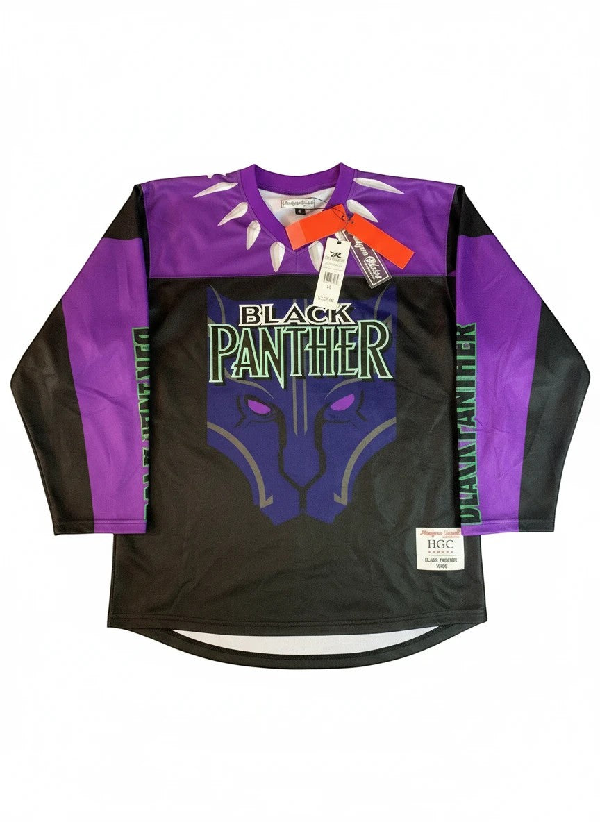 Throwback Rack Black Panther Wakanda Forever hockey jersey with black and purple color scheme, featuring the Black Panther mask graphic and text.