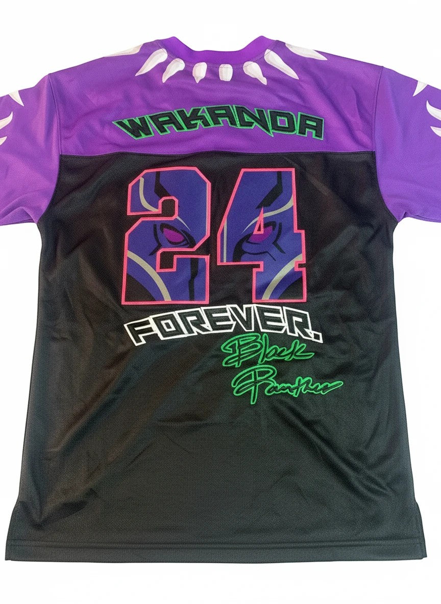 Throwback Rack Black Panther Wakanda Forever hockey jersey with number 24 and mask graphic. Black and purple.