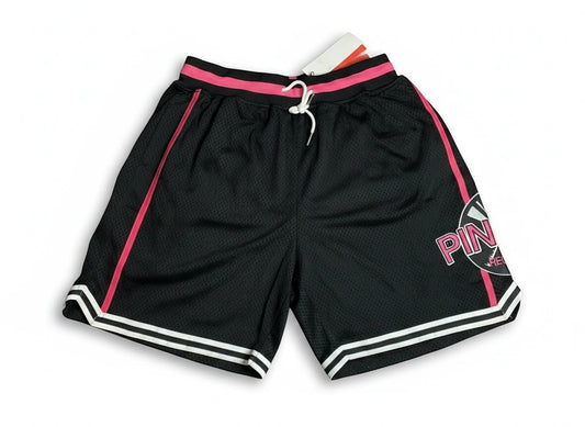 Throwback Rack black mesh basketball shorts with pink trim and logo, elastic waistband, drawstring, and striped hem.