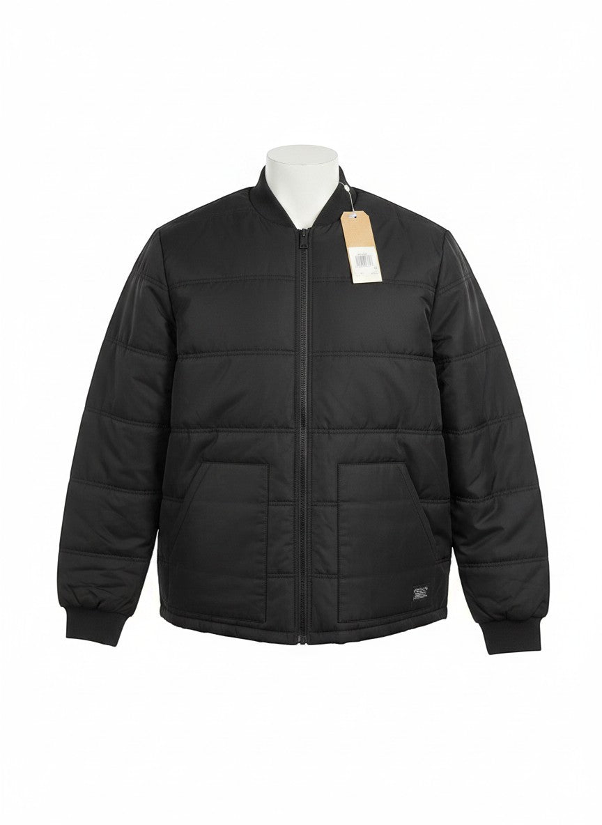 Throwback Rack black lightweight puffer bomber jacket with zip closure and elastic cuffs. Size XL.
