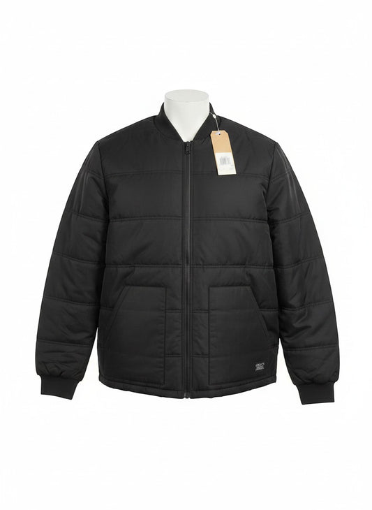 Throwback Rack black lightweight puffer bomber jacket with zip closure and elastic cuffs. Size XL.