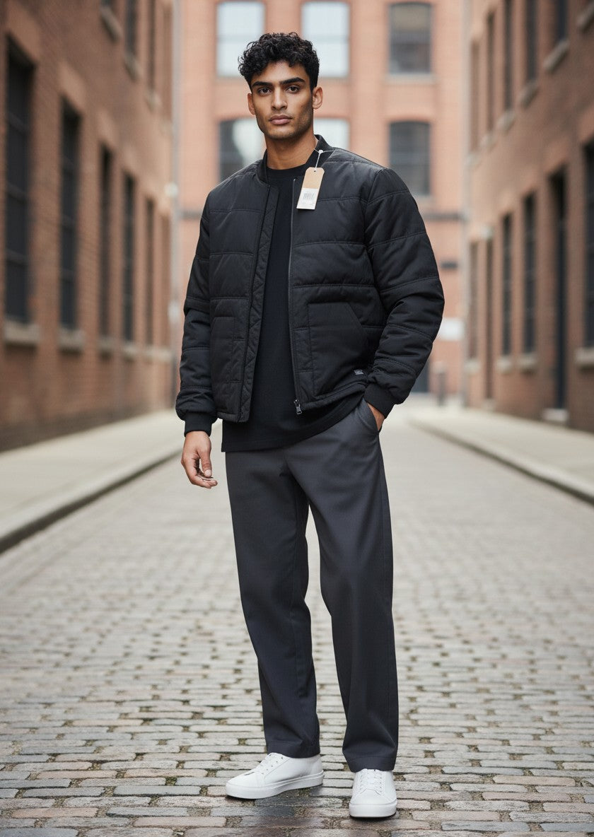 Throwback Rack black lightweight puffer bomber jacket with zip closure and two front pockets. Size XL.