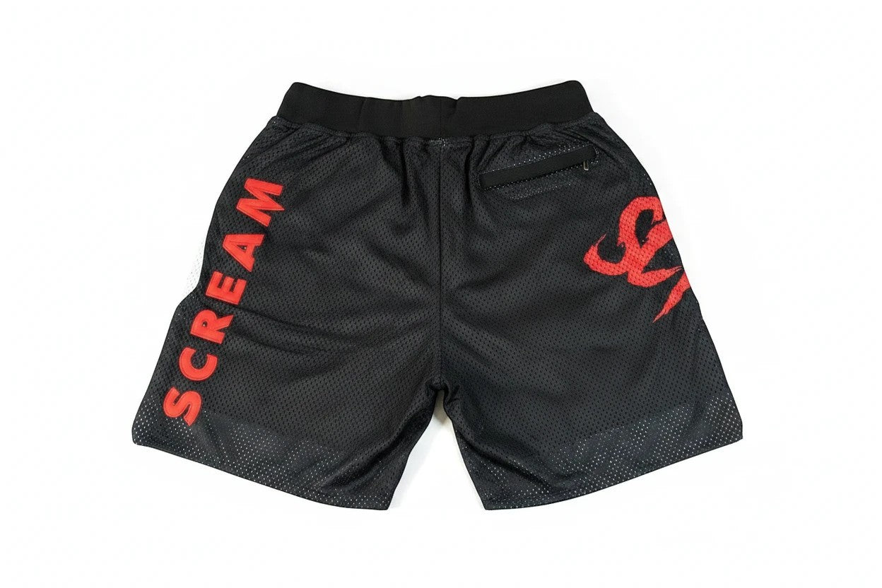 Throwback Rack black mesh basketball shorts with red SCREAM logo on left leg and graphic on right leg, size 3XL.