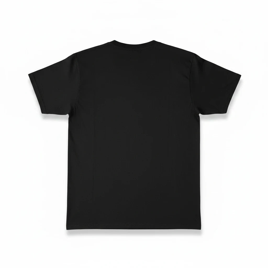 Throwback Rack black crew neck T-shirt, back view, showing plain solid black fabric.