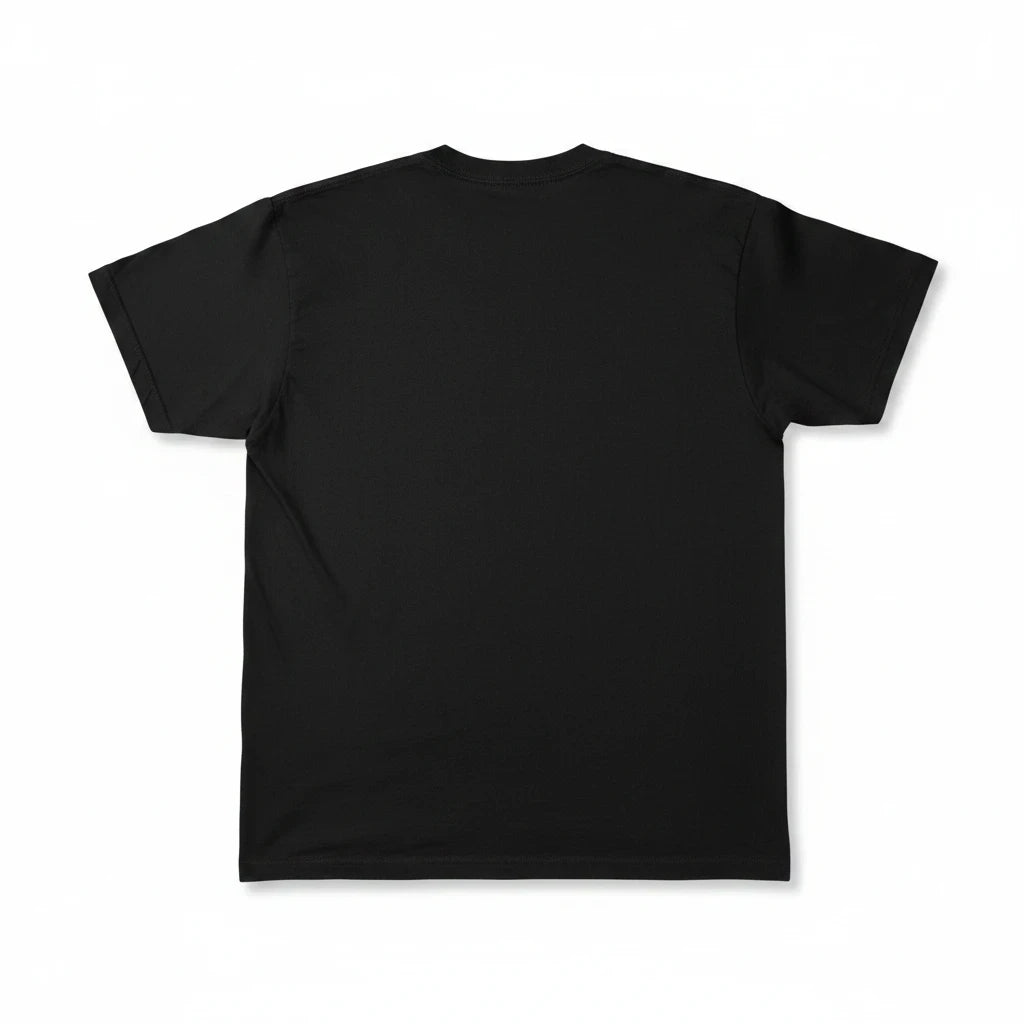 Back view of a plain black crew-neck cotton t-shirt from Throwback Rack on a white background.