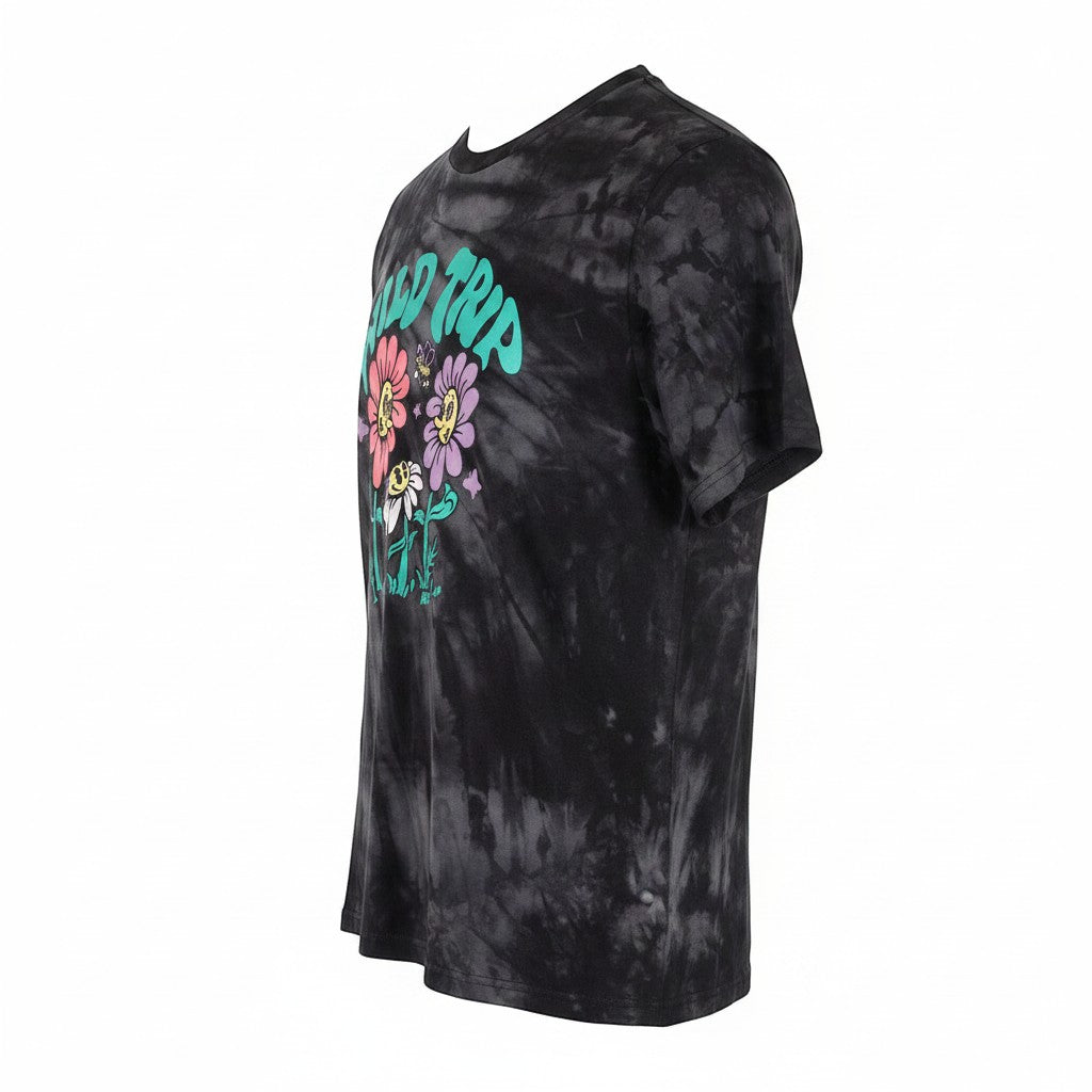 Throwback Rack black tie-dye t-shirt with a colorful floral graphic and "Wild Trip" text. Short sleeves, crew neck, cotton material.