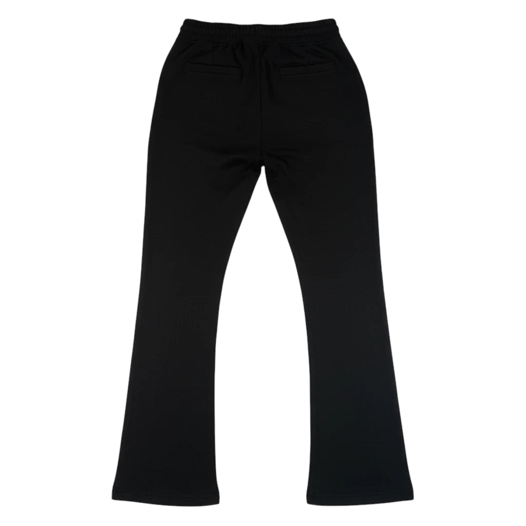 Back view of Throwback Rack black wide-leg cotton sweatpants with a relaxed fit and elastic waistband.