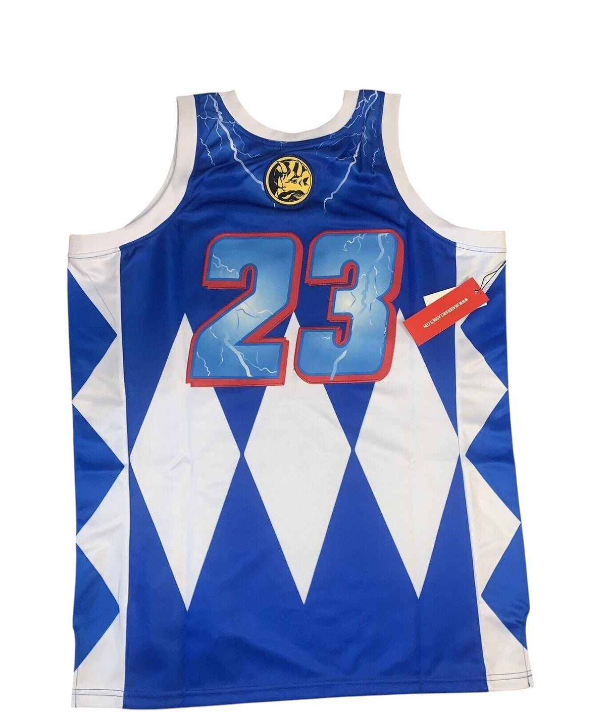 Throwback Rack blue and white mesh basketball jersey with number 23 and Dinozord emblem on the back