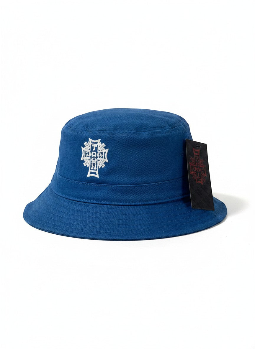 Throwback Rack blue cotton Dogtown skater bucket hat with white embroidered logo and tag.