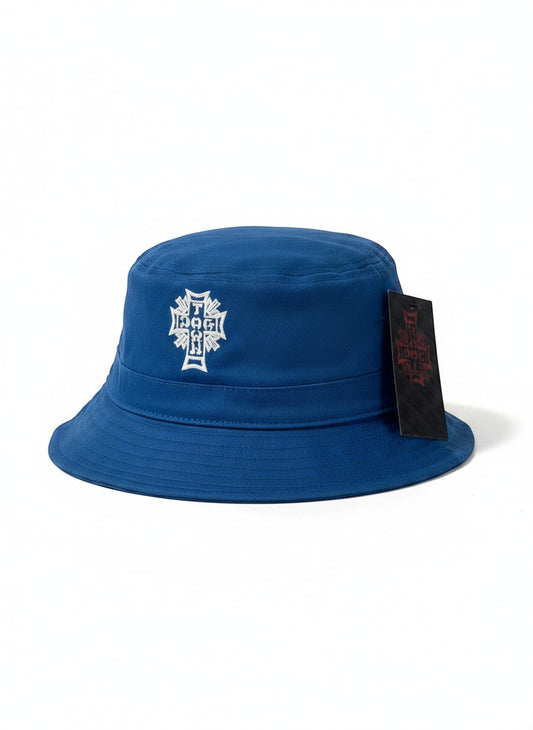 Throwback Rack blue cotton Dogtown skater bucket hat with white embroidered logo and tag.