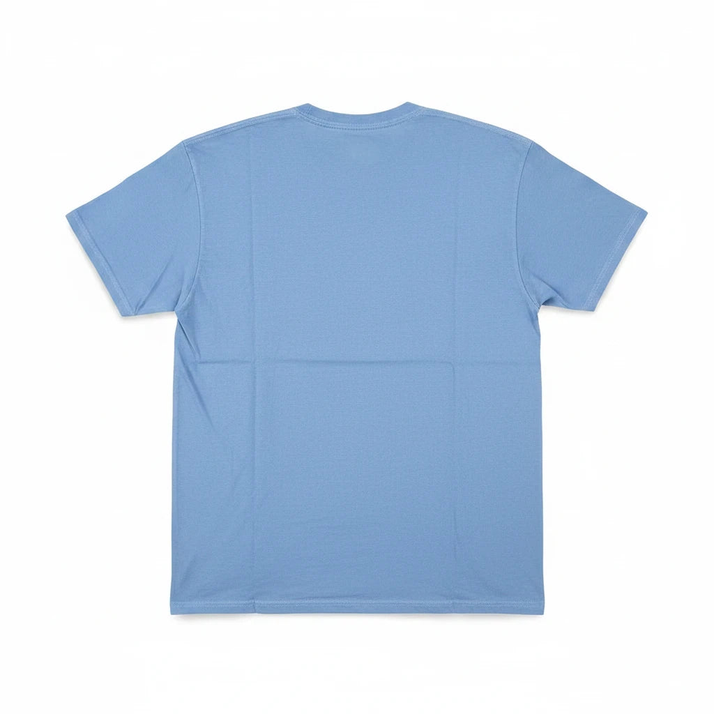 Back view of a plain light blue crew neck t-shirt from Throwback Rack on a white background