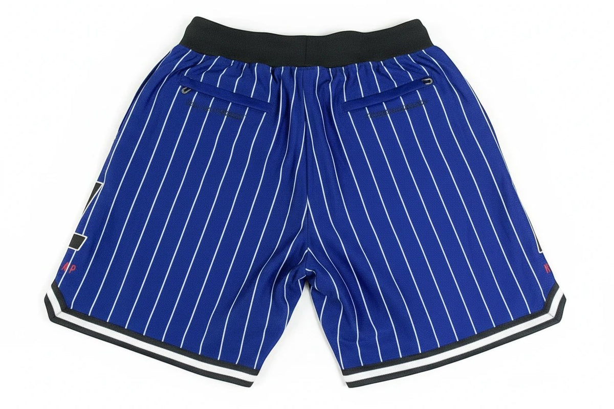 Throwback Rack royal blue pinstripe athletic mesh basketball shorts with zippered back pockets and contrast hem trim