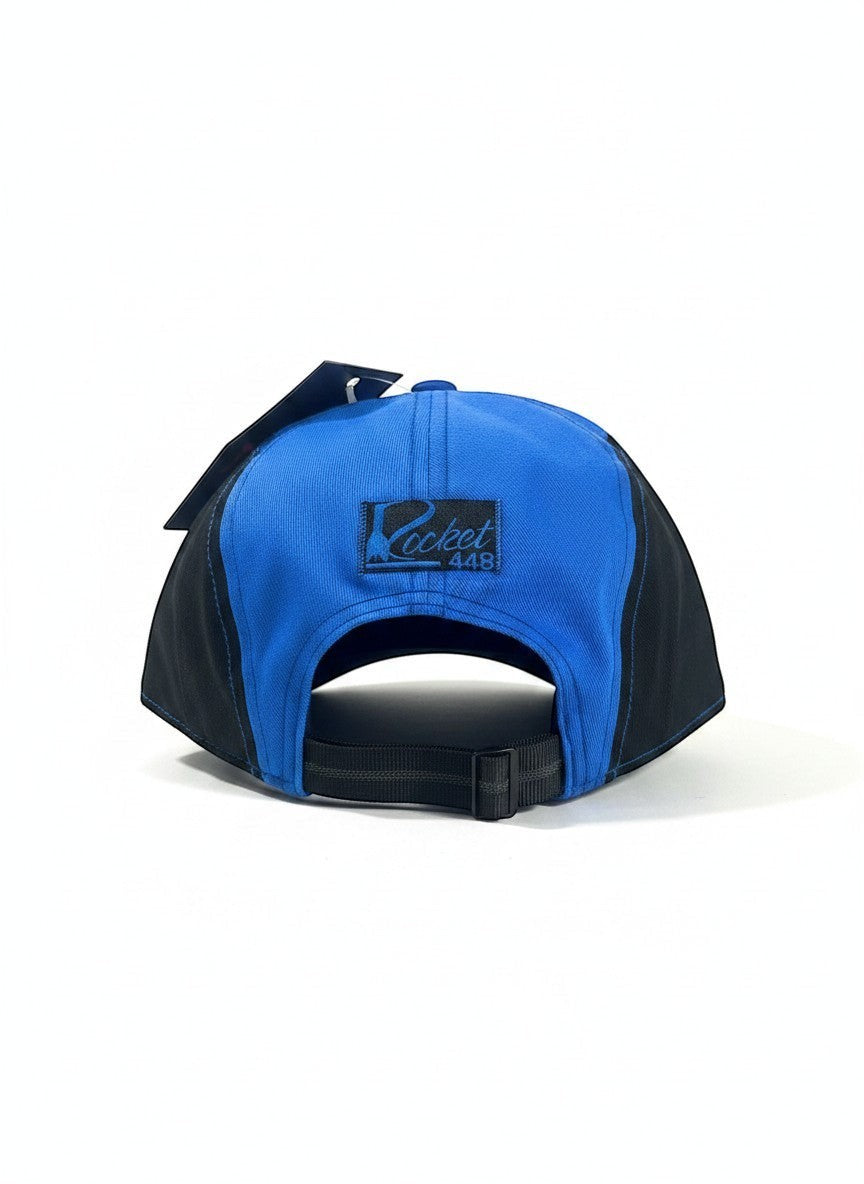 Throwback Rack blue and black cotton skater hat with embroidered logo and adjustable strap.