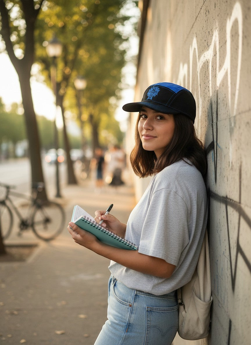 Throwback Rack blue and black skater hat with embroidered logo, worn by a young woman leaning against a graffiti wall.